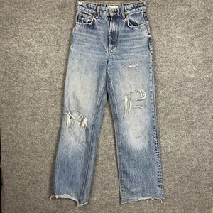 Zara Straight Leg Jeans Womens 4 Blue Good Distressed High Rise Raw Hem Denim
